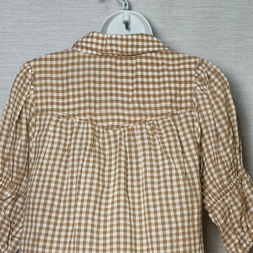 Anthropologie Tan Gingham Cotton Puff Sleeve Henley Top Boho Blouse small